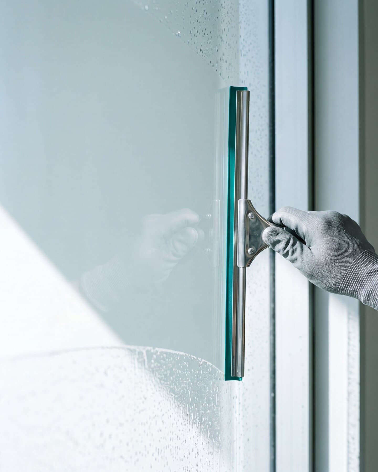 Fensterreinigung: ein Abzieher zieht eine scharfe, streifenfreie Kante über die Scheibe eines Bürofensters