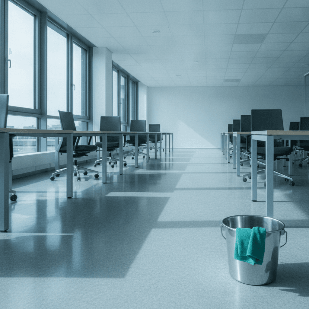 Dasselbe Grossraumbüro nach der Reinigung: spiegelnder Boden, freie Arbeitsplätze, klare Scheiben