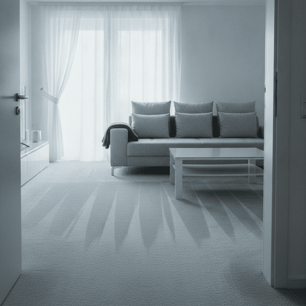Helles, aufgeräumtes Wohnzimmer nach der Haushaltsreinigung