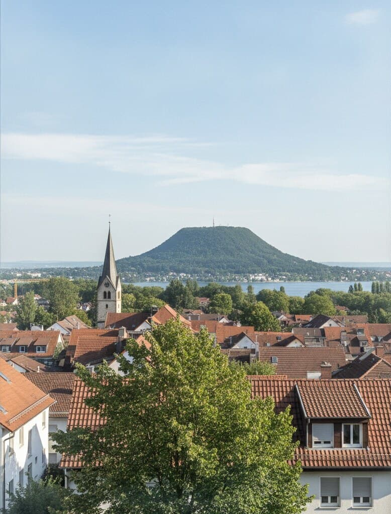 Blick durch ein frisch gereinigtes Fenster über Singen auf den Hohentwiel