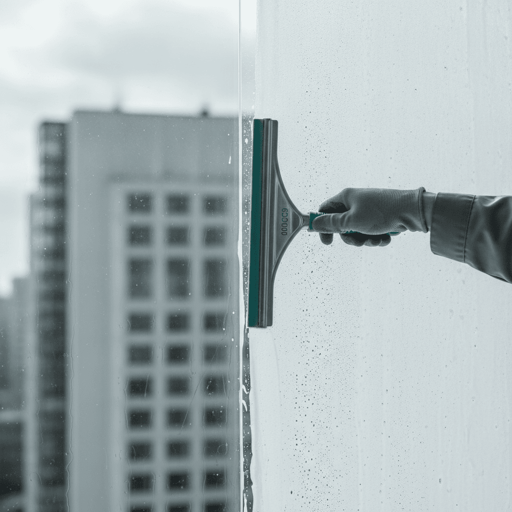 Fensterabzieher zieht von aussen eine streifenfreie Bahn über die nasse Scheibe eines Bürofensters, dahinter eine Häuserfassade