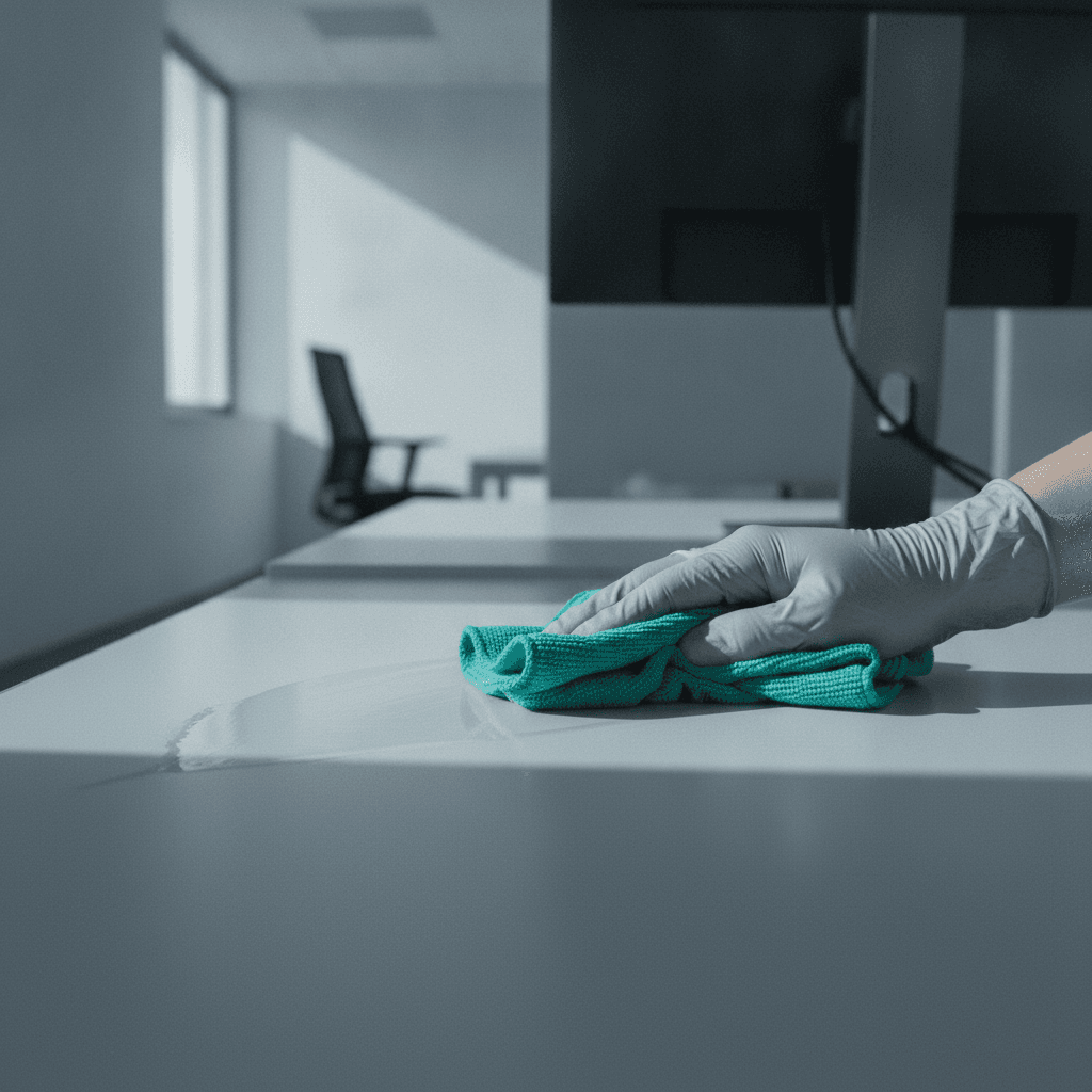 Behandschuhte Hand wischt mit einem türkisen Mikrofasertuch einen Schreibtisch in einem hellen, aufgeräumten Büro