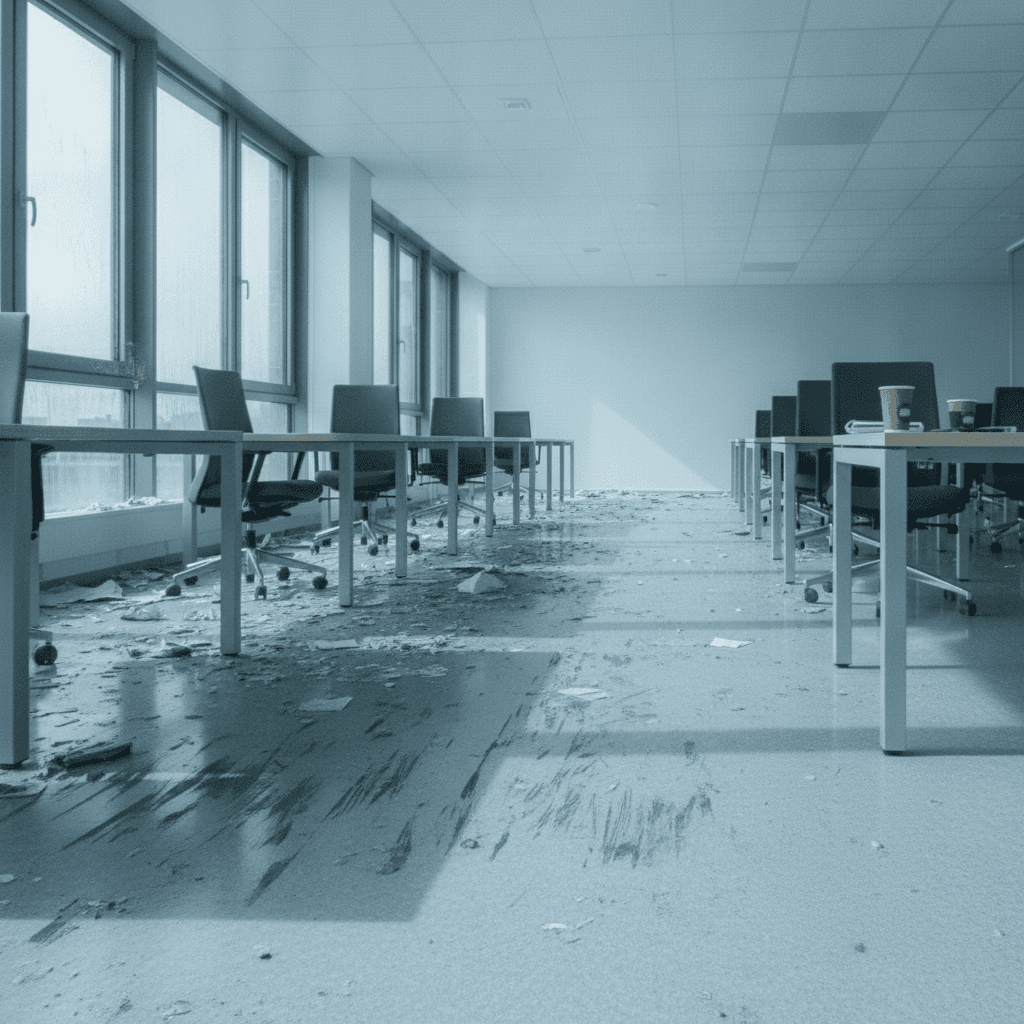 Grossraumbüro vor der Reinigung: stumpfer, verschmutzter Boden, Papier und Abfall unter den Tischen